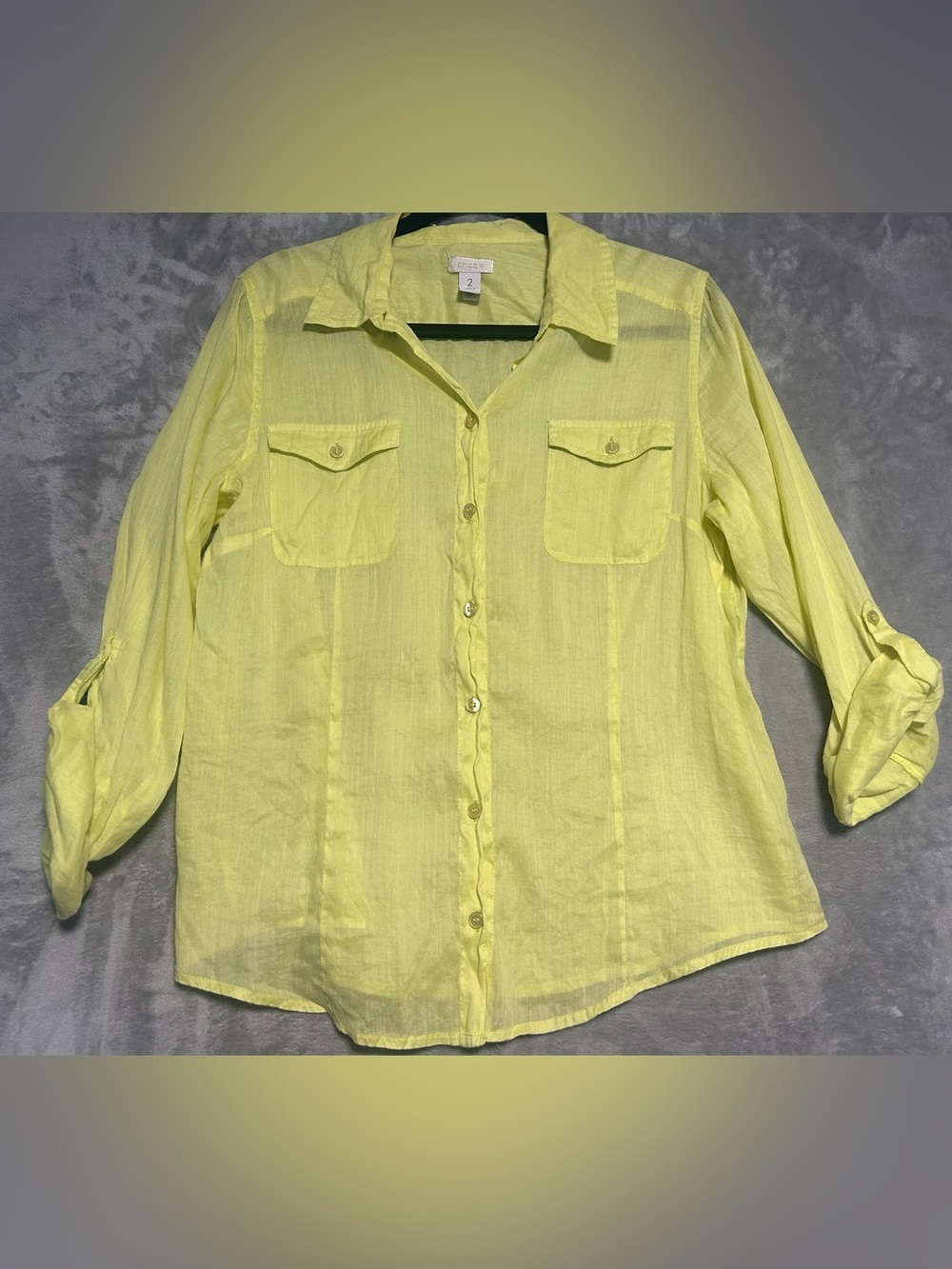 Chicos Ramie Cotton Sheer Button Down Shirt Women’s Large 2 Yellow Roll Tab